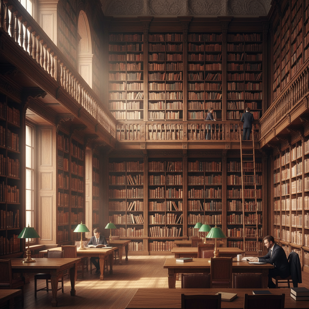 Bibliothèque institutionnelle avec de hautes étagères en bois sombre remplies de volumes reliés, baignée d'une lumière chaude et directionnelle évoquant un savoir structuré et une autorité académique
