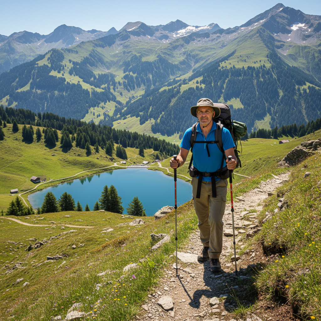 Homme adulte pratiquant la randonnée sur un sentier alpin suisse, avec un sac à dos et des bâtons de marche, dans un paysage de montagne verdoyant et ensoleillé