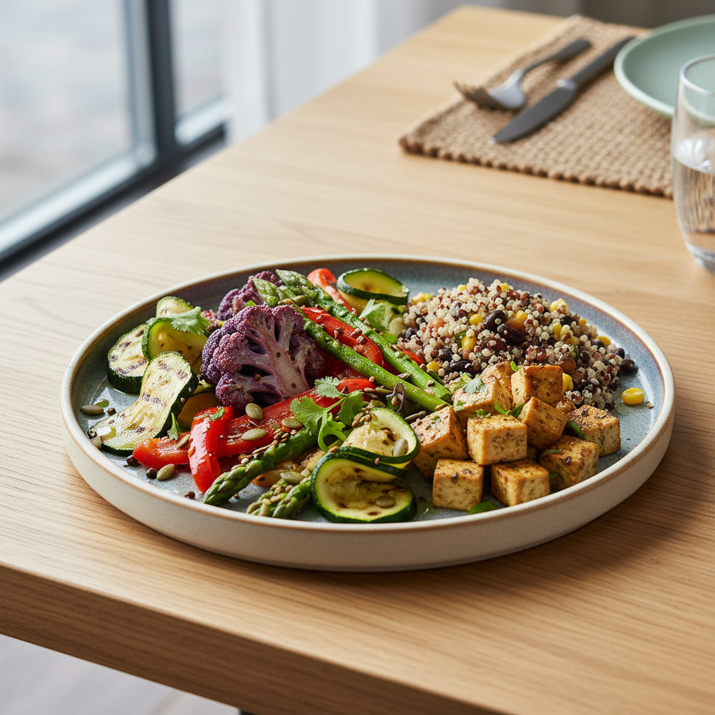 Assiette colorée et soigneusement composée de légumes frais, céréales complètes et protéines naturelles sur une table en bois clair, illustration d'une alimentation consciente et équilibrée