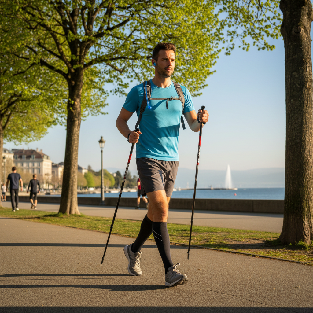 Homme en tenue sportive légère pratiquant une marche active dans un parc urbain genevois par une matinée ensoleillée de printemps, illustrant le mouvement quotidien intégré