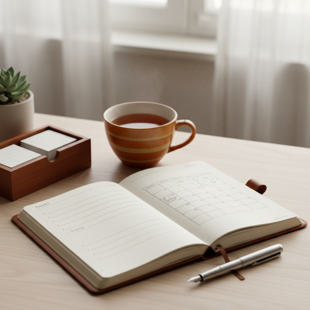 Bureau organisé et épuré avec une tasse de thé et un journal ouvert, représentant la structuration consciente du temps et la gestion sereine des tâches quotidiennes